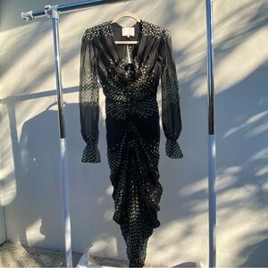 3.1 Phillip Lim 100% Silk Black & Green Dot Print Ruched Midi Dress Size 2